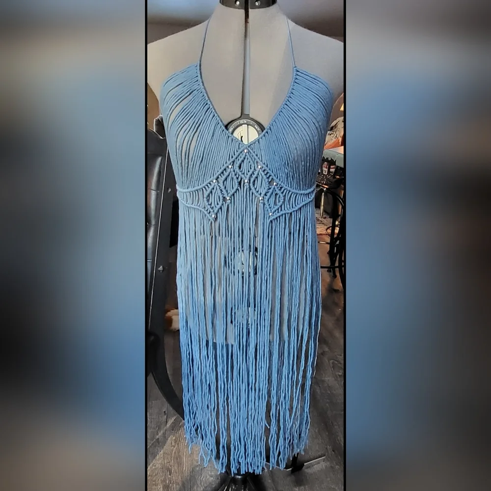 NEW Gorgeous steel blue macreme lace dress coverup size medium